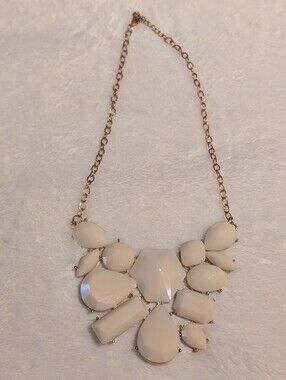 Gold Tone Chain White Statement Bib Necklace.